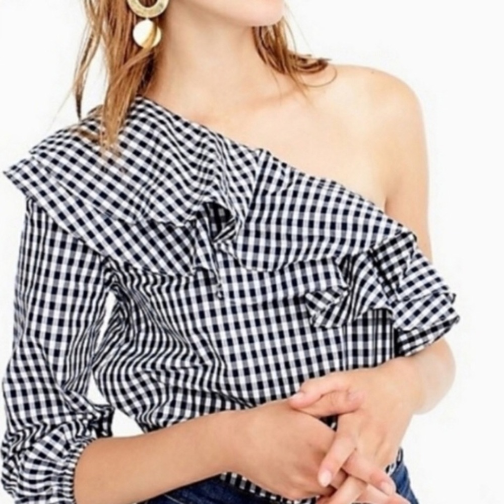 J. Crew Navy and White Checkered Ruffle Blouse